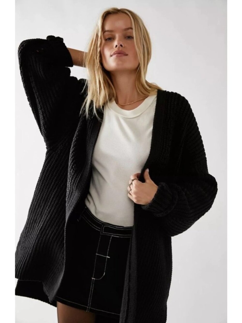 Free People Nightingale Cardigan Knit Open Front in Black - Large